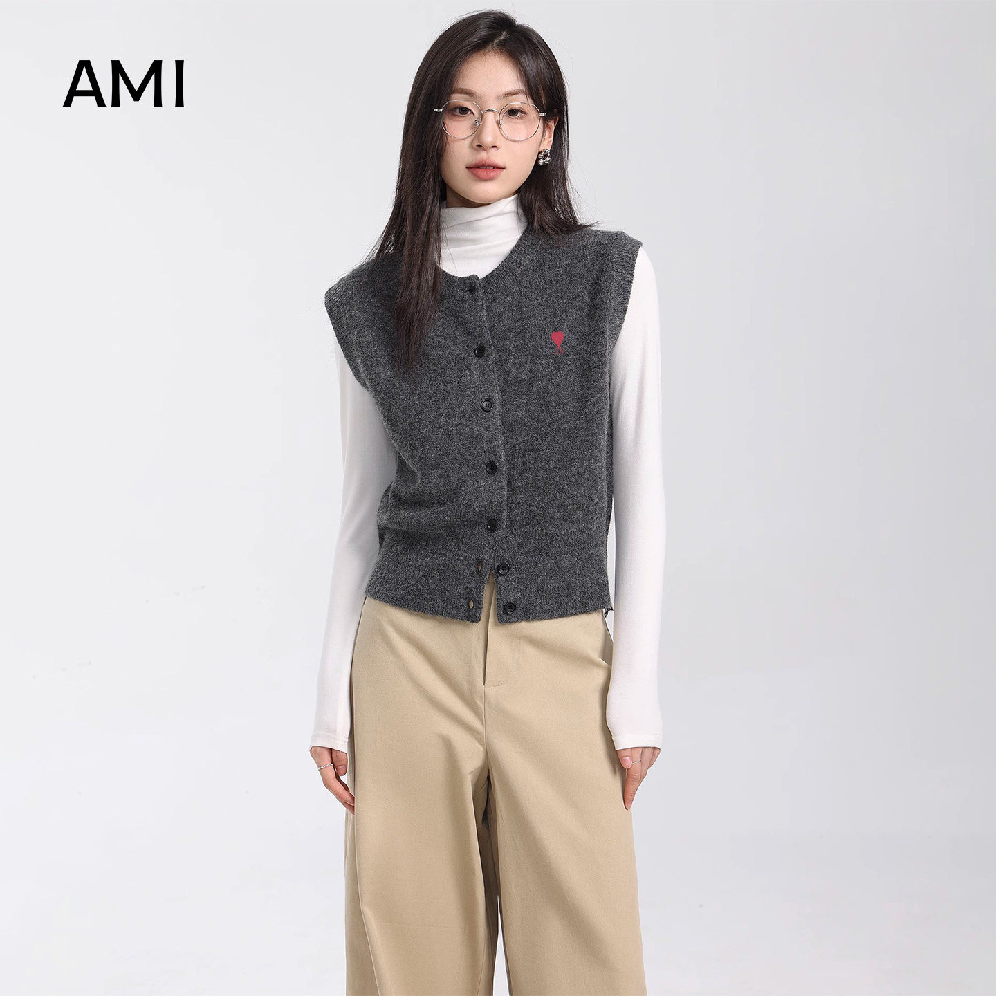 AMI官方美式灰色针织毛衣背心马甲开衫女春秋新款穿搭叠穿无袖毛