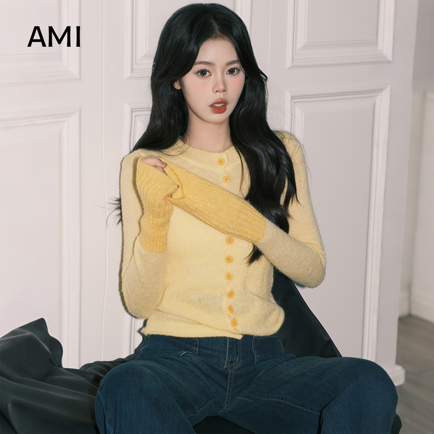 AMI美式鹅黄色拼接针织开衫女春秋新款慵懒风长袖内搭修身上衣