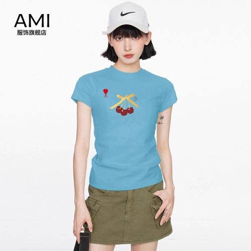 AMI官方2026美式复古蓝色樱桃正肩短袖t恤女夏季正品修身短款上衣