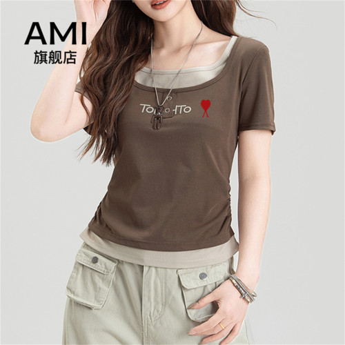 AMI官方方领正肩短袖T恤女夏季新款修身显瘦假两件字母印花上衣潮