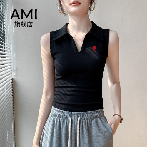 AMI官方POLO领无袖背心女2026夏季美式翻领修身显瘦纯色T恤上衣