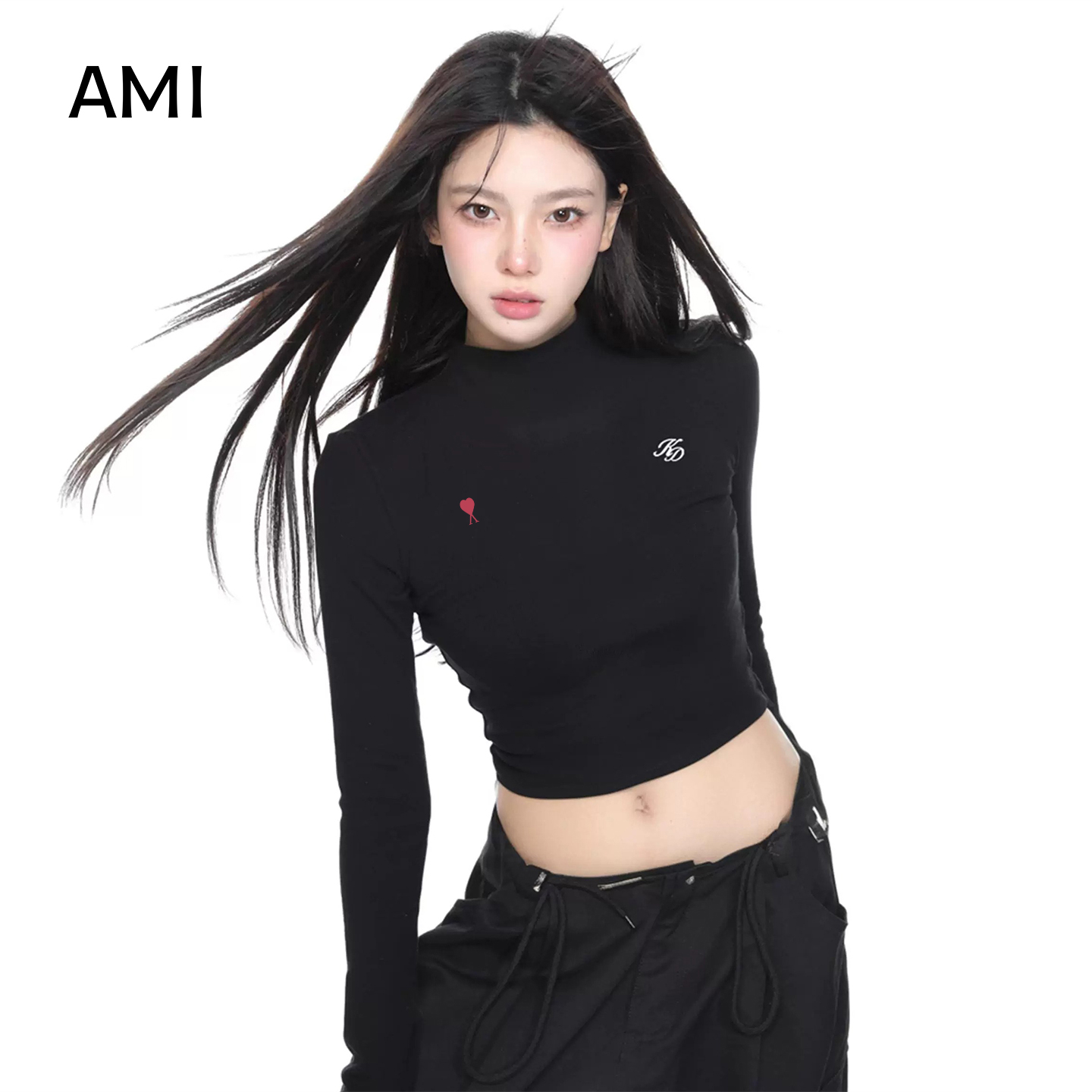 AMI2025美式黑色高领长袖t恤女春秋正品辣妹内搭露脐打底衫上衣