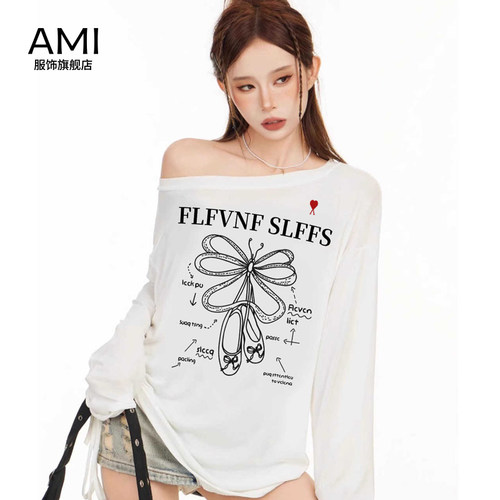 AMI旗舰店美式白色斜肩露肩长袖t恤女夏季潮牌正品防晒罩衫上衣薄