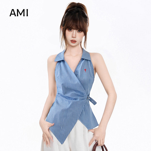 AMI官方美式蓝色条纹挂脖polo领无袖衬衫女春不规则修身正品衬衣