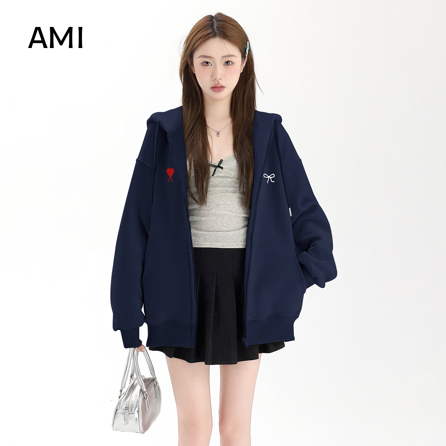 AMI美式复古爱心刺绣连帽卫衣女春秋新款宽松休闲百搭开衫外套潮