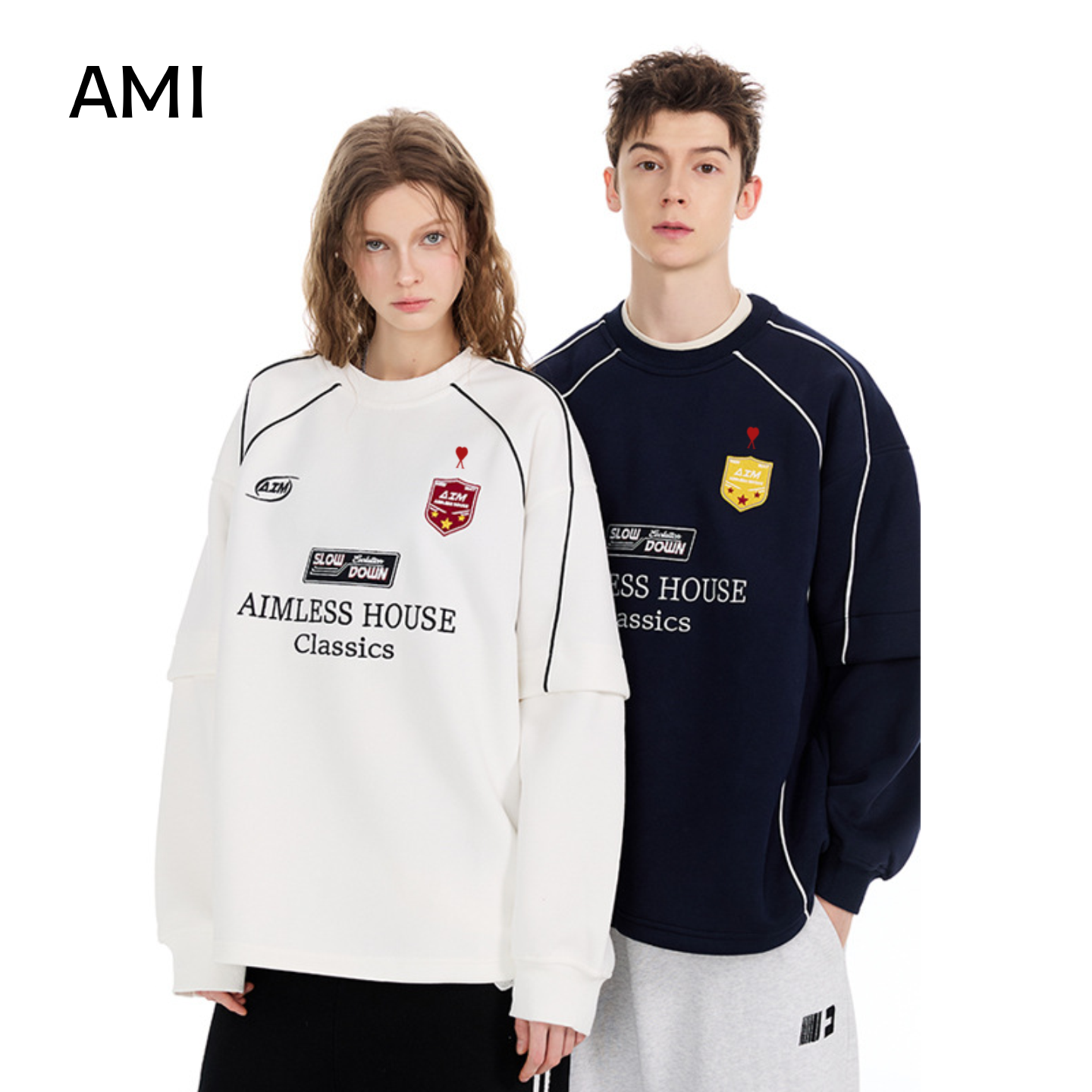 AMI 2025美式复古假两件卫衣男女款高街休闲上衣刺绣条纹内搭