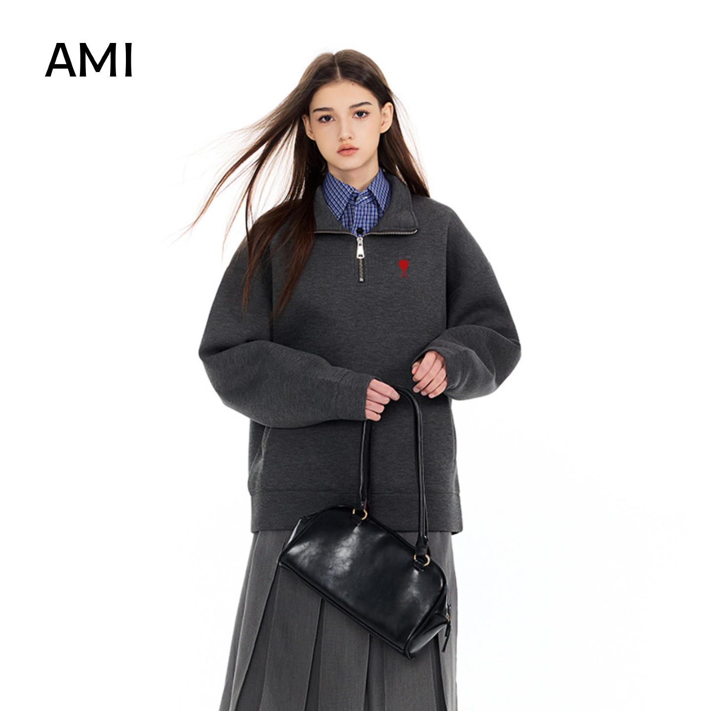 AMI 2025美式复古冬秋宽松半拉链翻领套头卫衣男女同款潮牌上衣