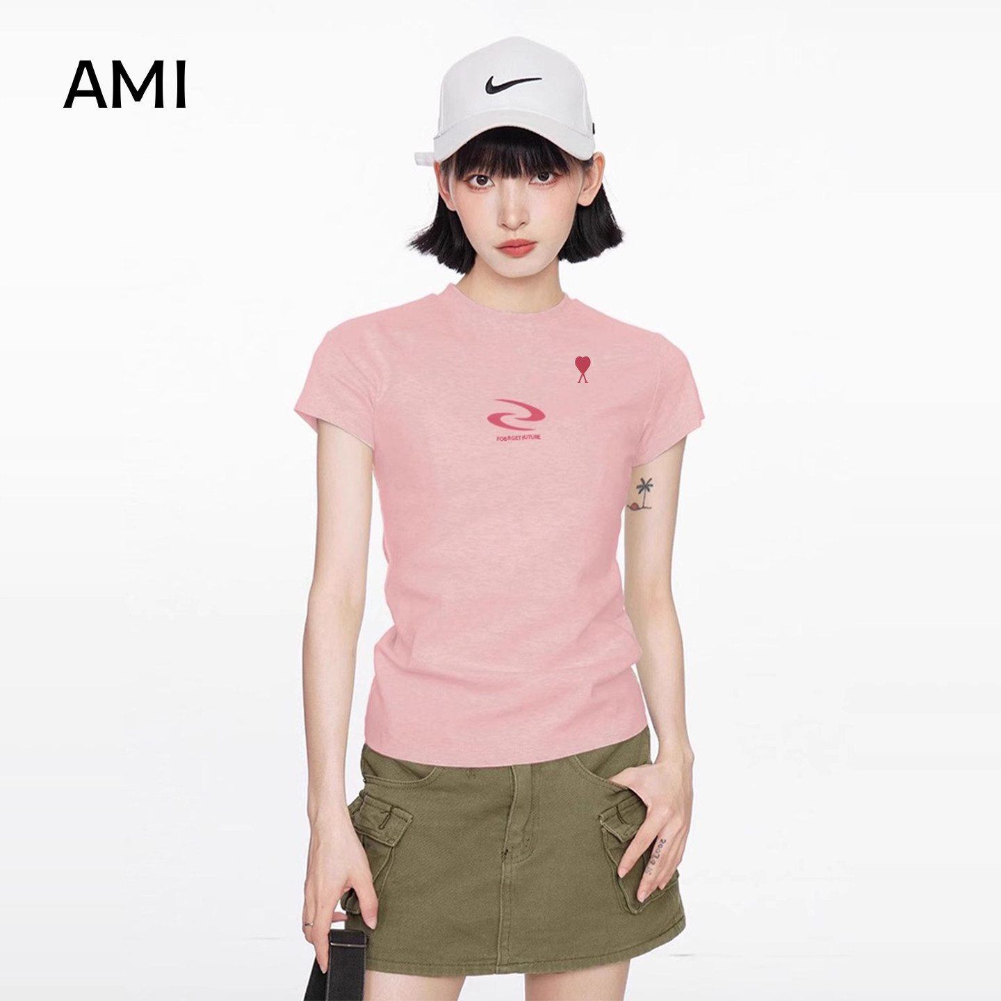 AMI2026美式粉色飞盘印花正肩短袖t恤女春修身显瘦正品辣妹上衣