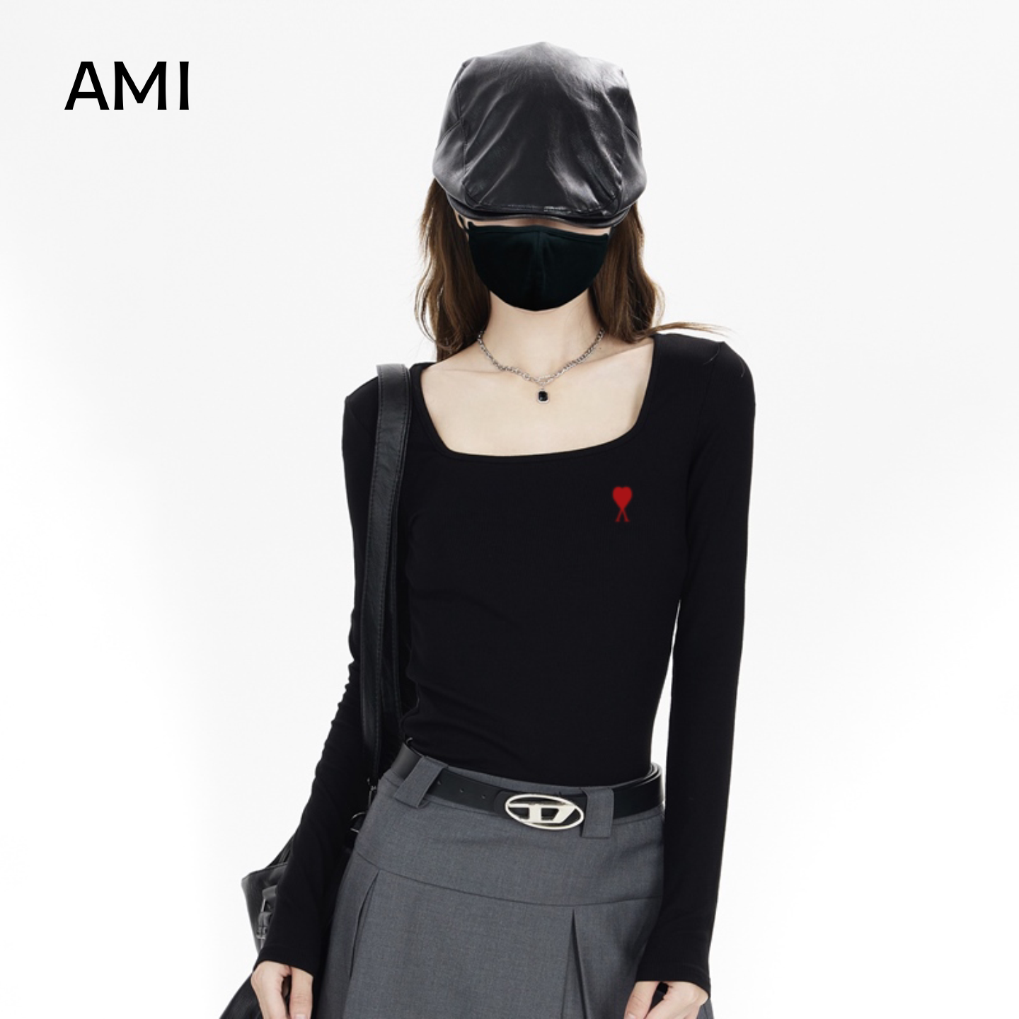 AMI官方美式黑色方领长袖t恤女2026春秋春新款修身显瘦内搭打底衫