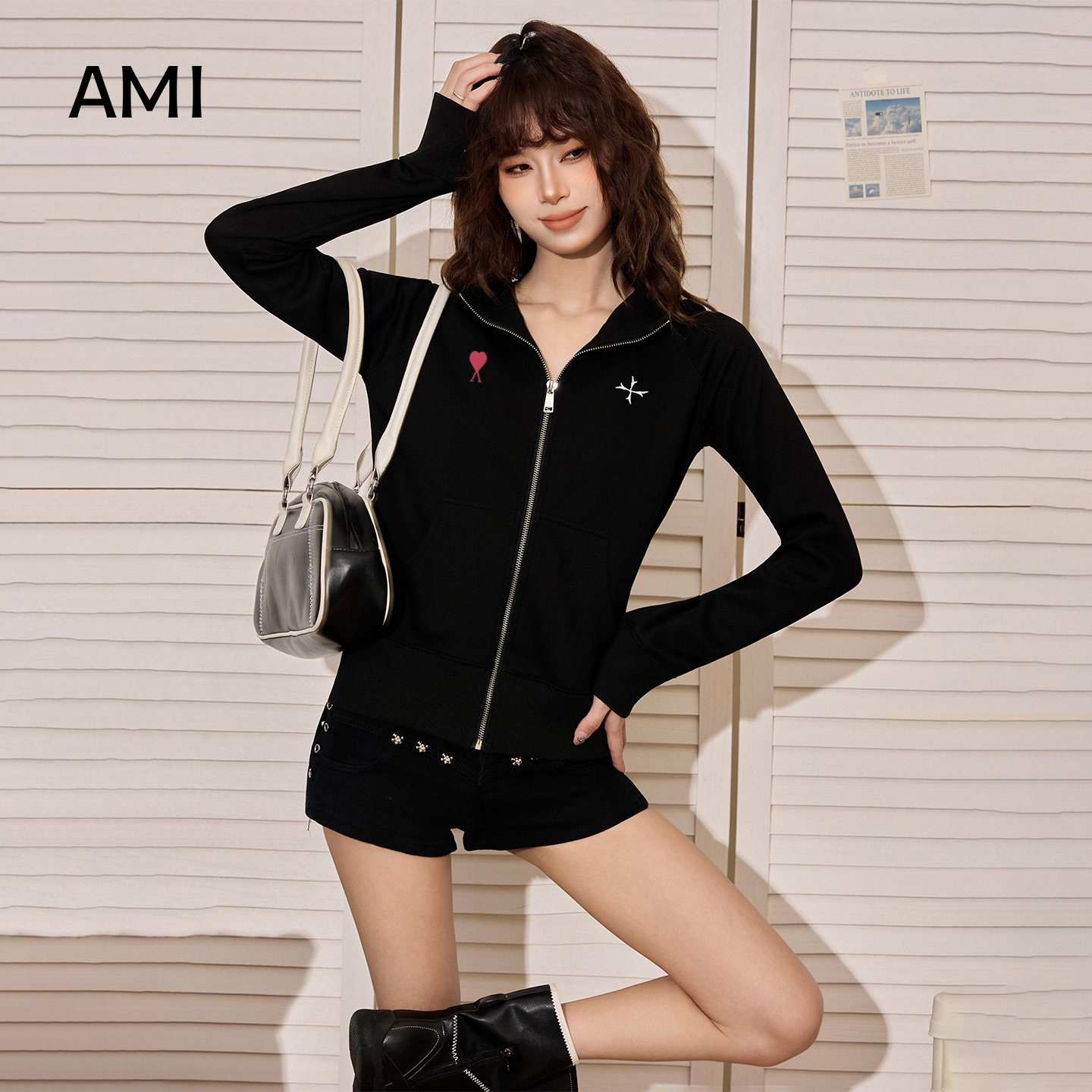 AMI美式黑色正肩立领拉链连帽卫衣外套女春秋修身正品开衫上衣潮