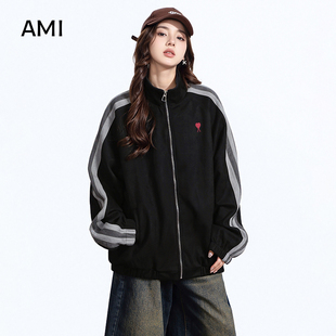 AMI官方 美式复古正品拼接外套女春秋2026年新款插肩袖立领夹克开