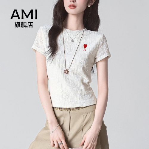 AMI官方法式后背镂空短袖T恤女夏新款蝴蝶结系带修身显瘦短款衣