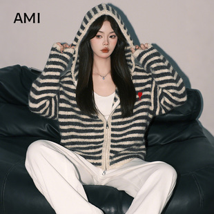 AMI官方美式撞色条纹长袖毛衣外套女春初春春宽松休闲上衣连帽针