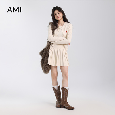 AMI美式2025冬秋新款针织套装裙子女小个子薄开衫百褶短裙三件套