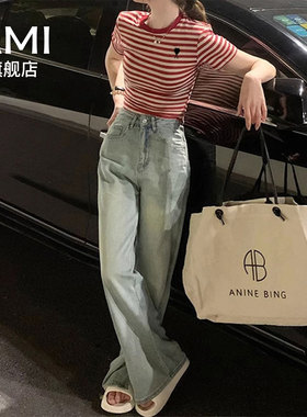 AMI官方红色条纹辣妹正肩短袖T恤女小个子夏季小衫修身短款上衣