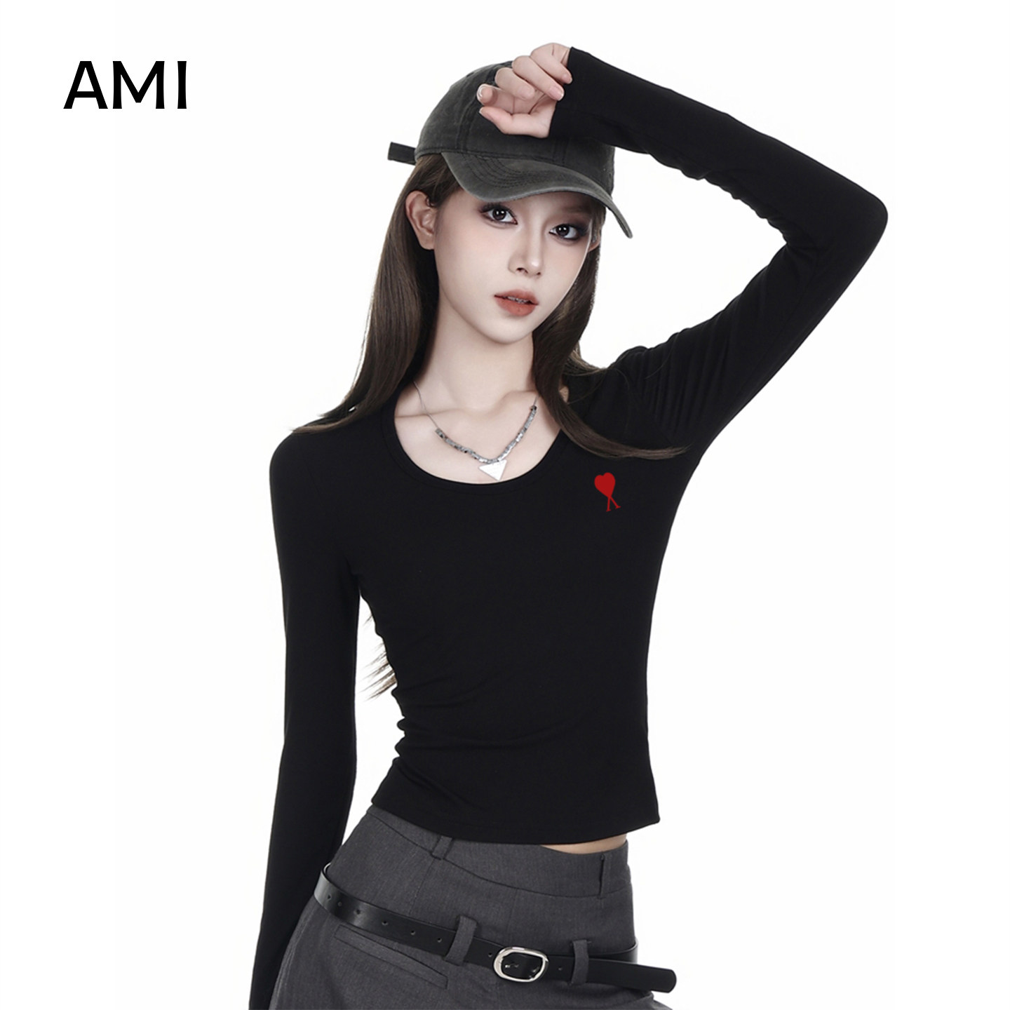 AMI官方美式黑色打底衫长袖t恤女内搭修身春秋新款小个子收腰显瘦