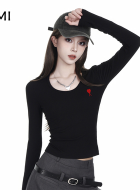 AMI美式黑色打底衫长袖t恤女内搭修身冬秋新款小个子收腰显瘦打底