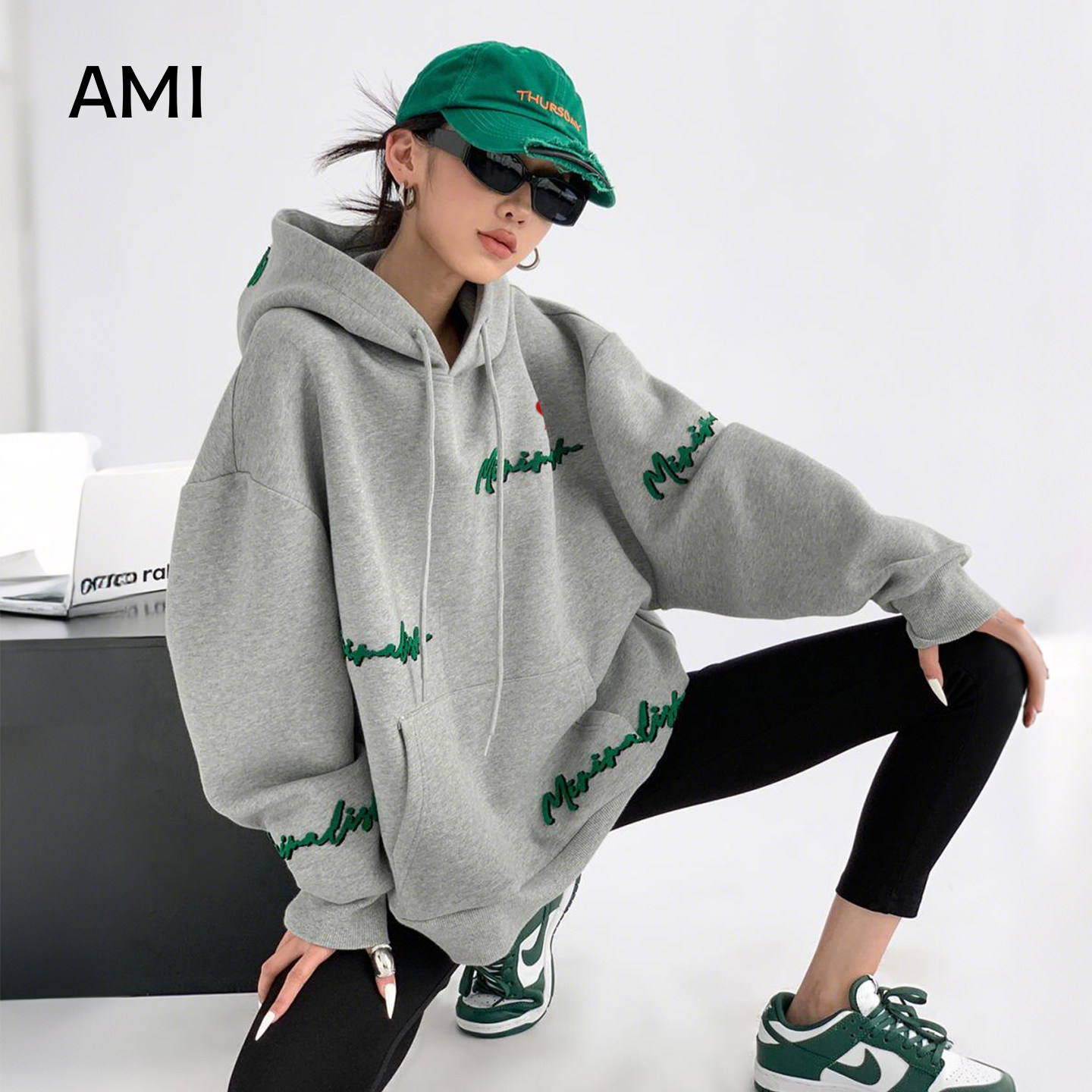 AMI官方美式复古灰色连帽薄款卫衣女2026春秋新款设计感小个子上