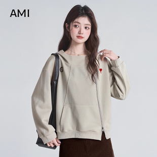 上衣潮 AMI旗舰店美式 复古连帽卫衣女春秋正品 设计感小众帽衫 开衫
