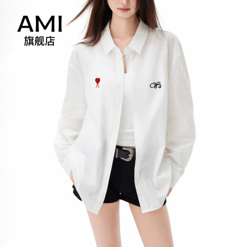 AMI官方白色亚麻防晒衬衫外套女春高级感上衣长袖衬衣开衫2026夏