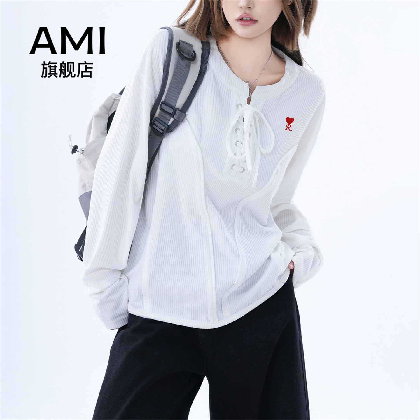 AMI官方美式复古纯色绑带长袖t恤女秋初新款宽松休闲小众上衣慵9图片