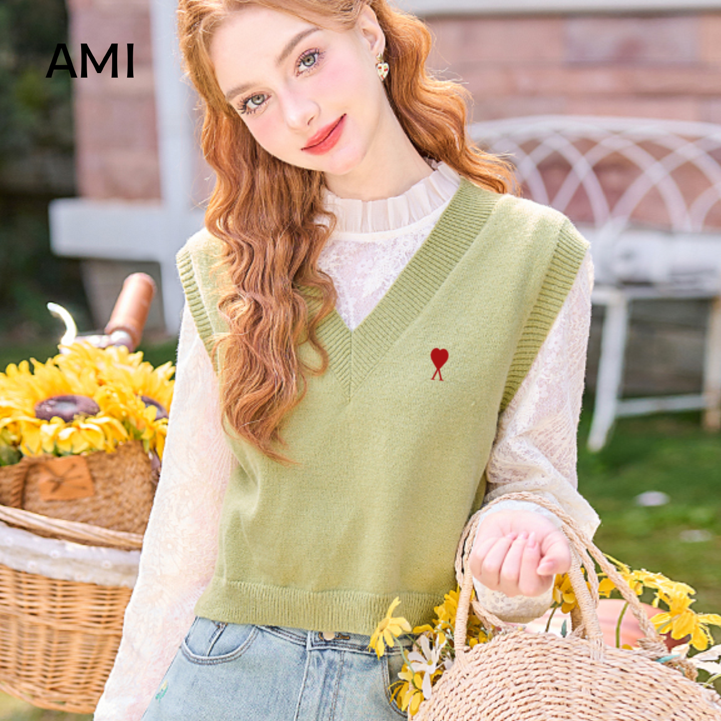 AMI官方美式2026秋新款无袖毛衣女甜美绿色叠穿外穿针织背心马甲