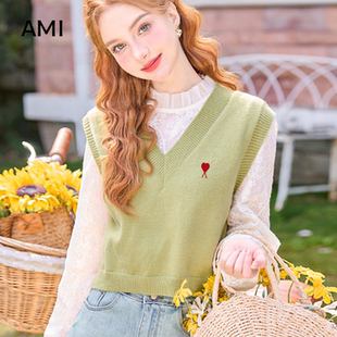 AMI官方美式2026秋新款无袖毛衣女甜美绿色叠穿外穿针织背心马甲