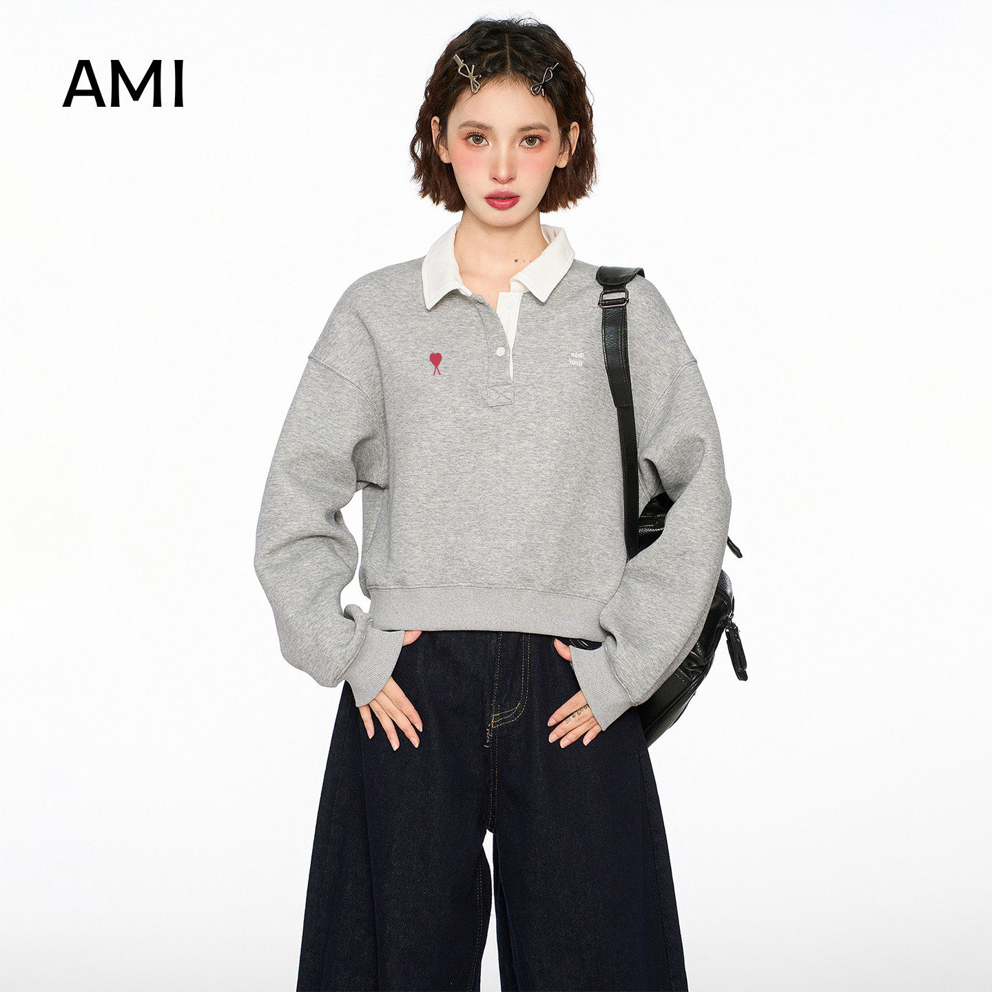 AMI官方 2026美式灰色polo翻领套头卫衣女春秋正品无帽打底衫长袖