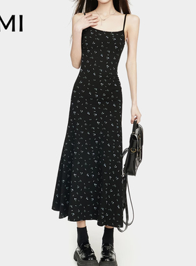 AMI旗舰店美式黑色碎花吊带连衣裙女冬季正品收腰长裙包臀鱼尾裙