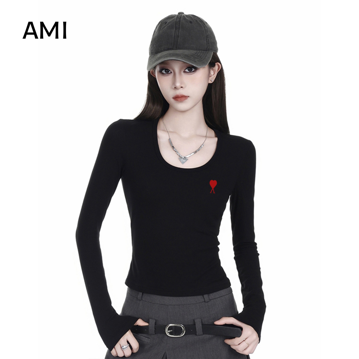 AMI官方美式黑色打底衫长袖t恤女修身春初春新款内搭小个子收腰显