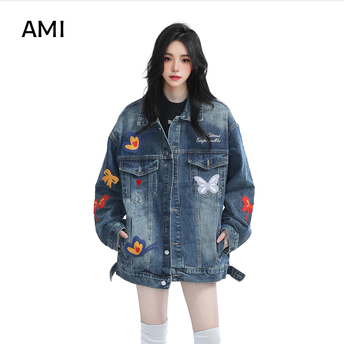 AMI 2025美式复古重工蝴蝶刺绣牛仔外套女冬秋新款休闲外套夹克