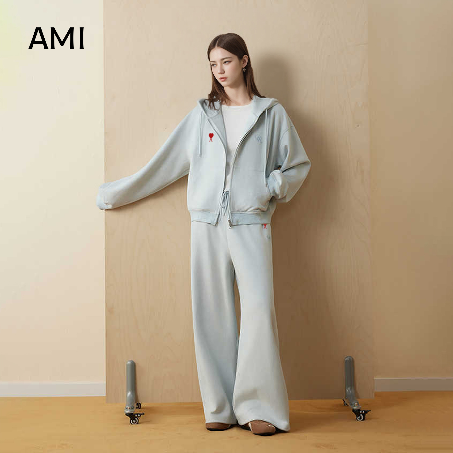 AMI美式简约百搭慵懒风卫衣套装女2025秋季新款连帽外套阔腿裤