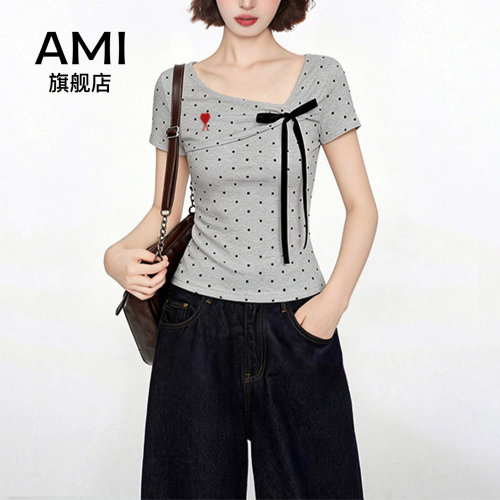 AMI官方旗舰店美式v领蝴蝶结正肩短袖t恤女夏季短款修身紧身上衣