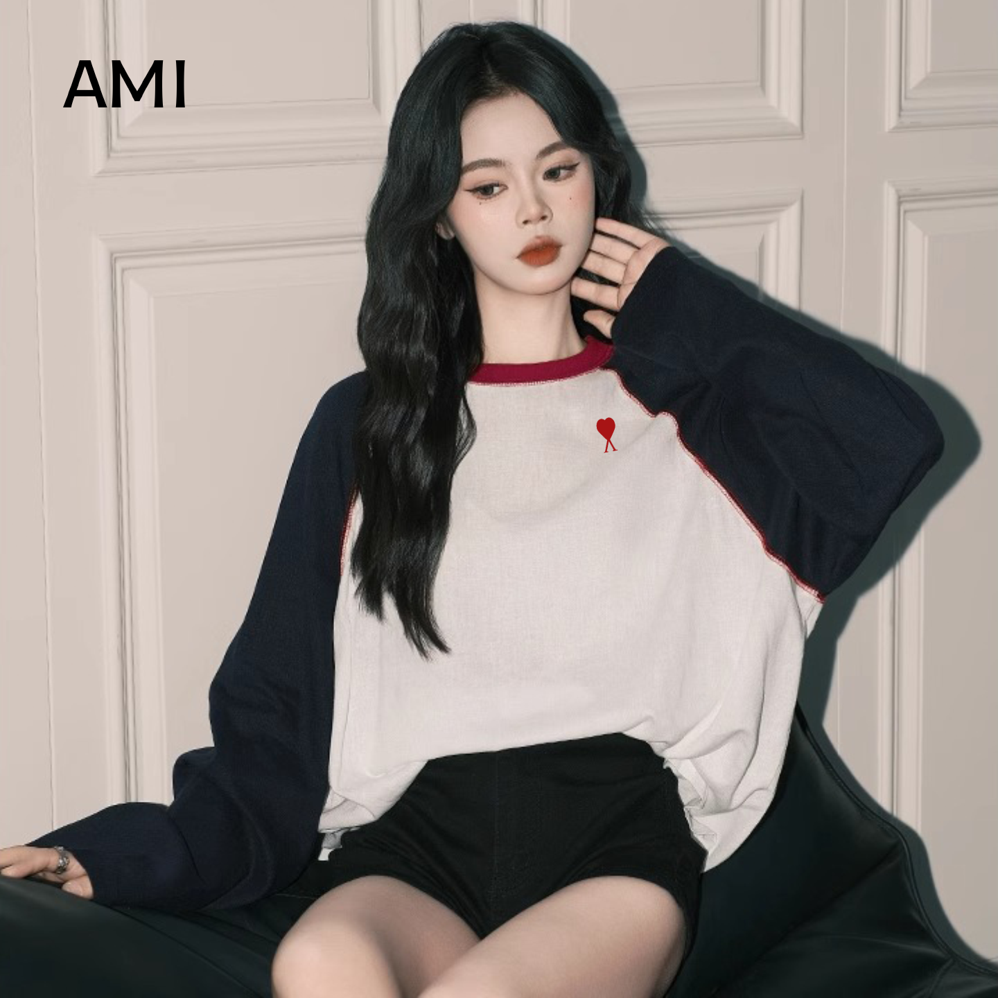AMI2025美式白色插肩长袖T恤女春秋正品打底宽松撞色圆领上衣潮