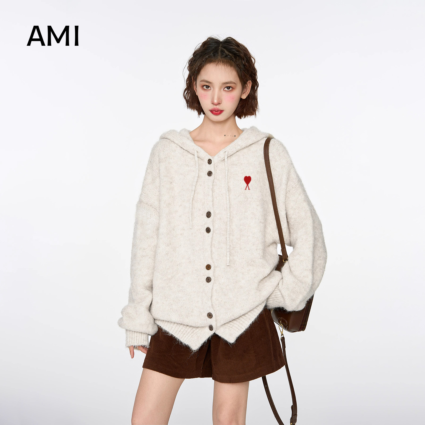AMI美式杏色连帽毛衣开衫外套女春秋季新款宽松慵懒风针织衫软糯