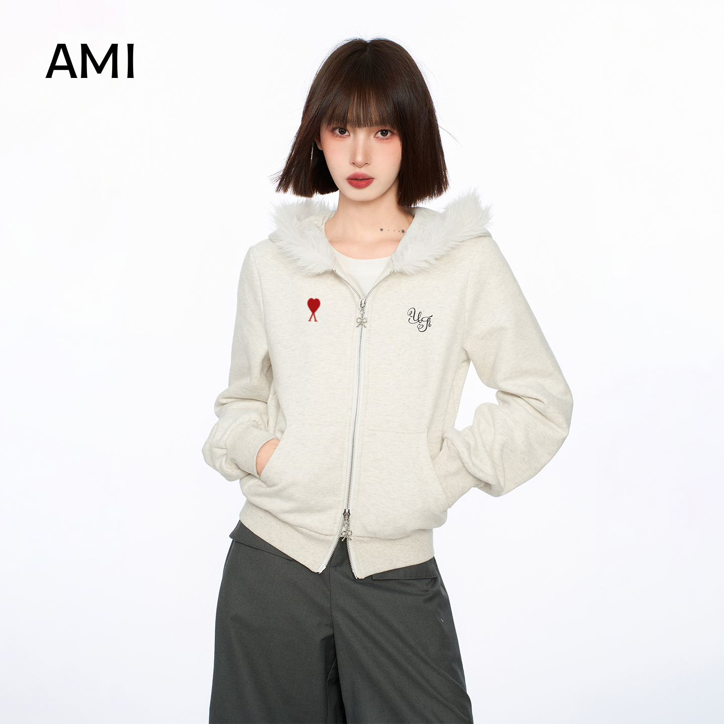 AMI美式复古毛领短款外套女春秋新款小个子休闲百搭连帽拉链卫衣