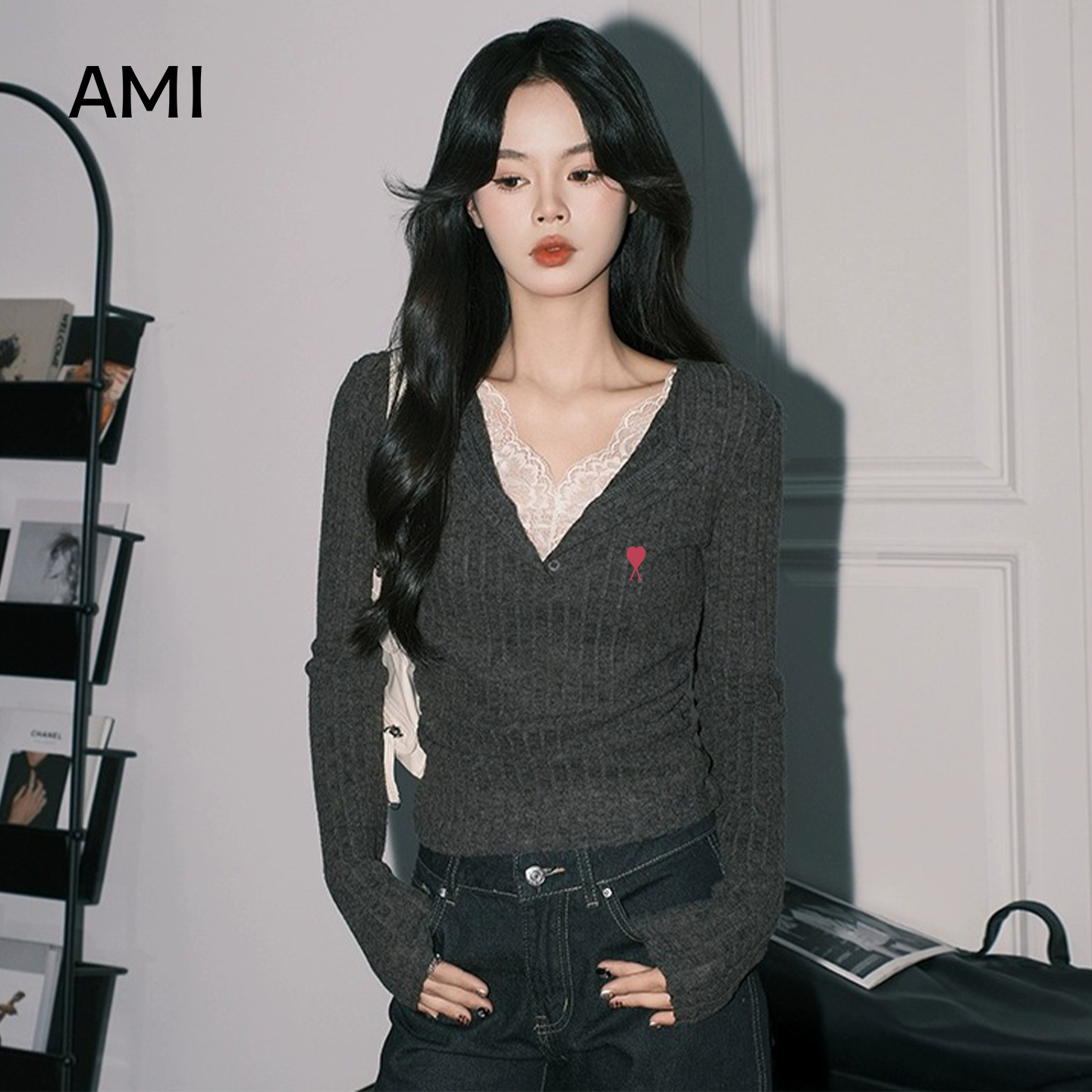 AMI2025美式灰色蕾丝假两件针织长袖T恤女春秋正品修身打底上衣