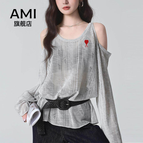 AMI女装2026秋季新款百搭露肩长袖圆领外搭防晒显瘦宽松针织衫