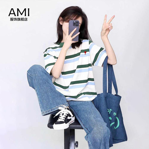AMI官方 2026美式复古条纹正肩短袖t恤女夏季新款正品宽松半袖上