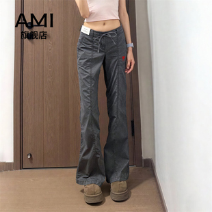 AMI官方美式 裤 辣妹显瘦抽绳微喇阔腿休闲喇叭长裤 女 复古低腰工装