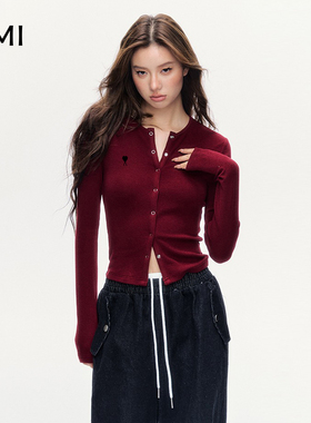 AMI2025美式复古酒红色长袖T恤女冬秋正品开衫修身显瘦辣妹上衣