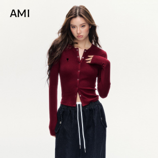 修身 AMI2025美式 开衫 T恤女春秋正品 显瘦辣妹上衣 复古酒红色长袖