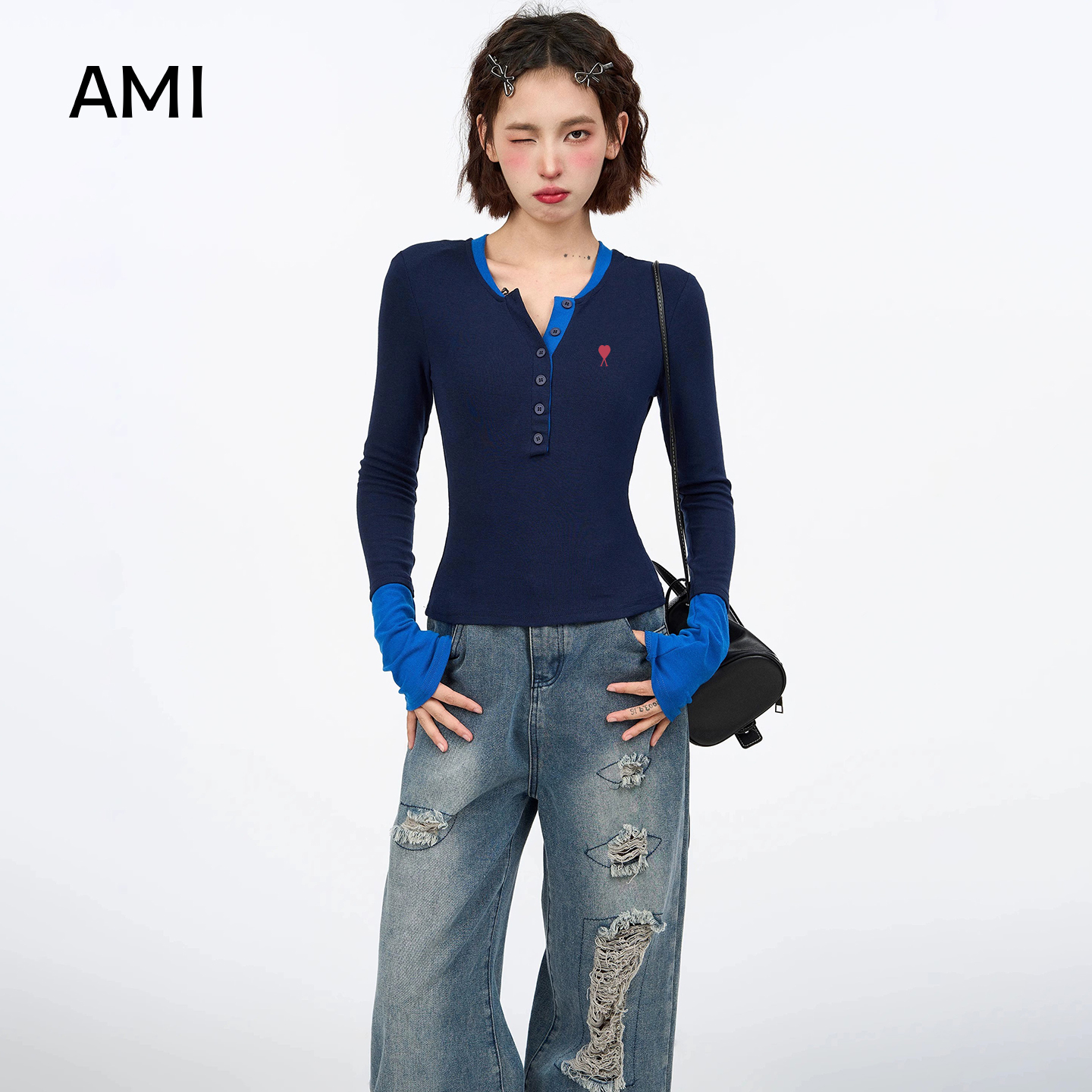 AMI美式蓝色v领正肩长袖t恤女春秋新款修身内搭打底衫假两件上衣