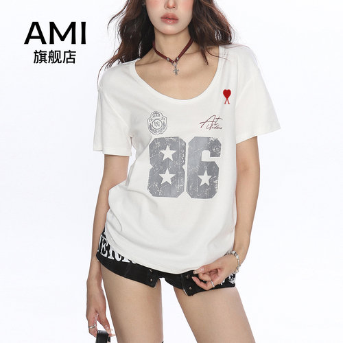 AMI官方美式字母印花U领短袖T恤女夏季小个子白色慵懒风显瘦上衣