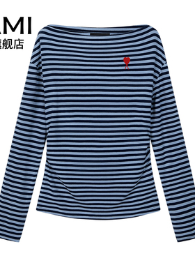 AMI蓝色条纹不规则一字肩长袖t恤女春秋辣妹修身打底衫内搭上衣