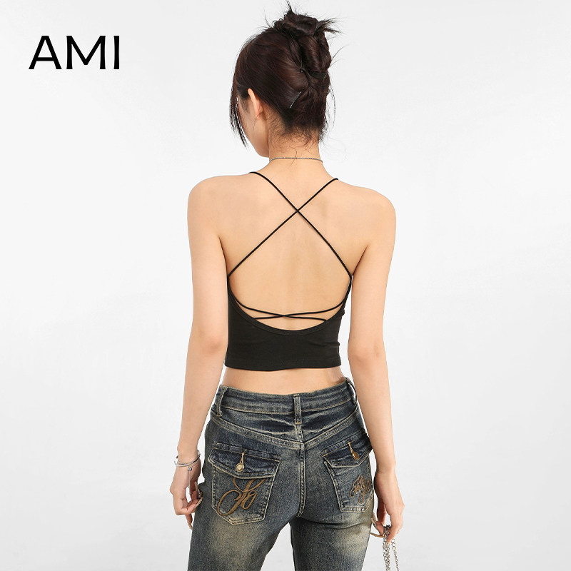 AMI官方 2026美式黑色带胸垫挂脖吊带背心女夏正品外穿露背辣妹上