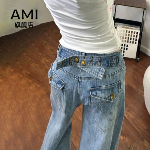 AMI女装美式复古巴黎扣设计牛仔裤女款春秋辣妹宽松慵懒阔腿长裤