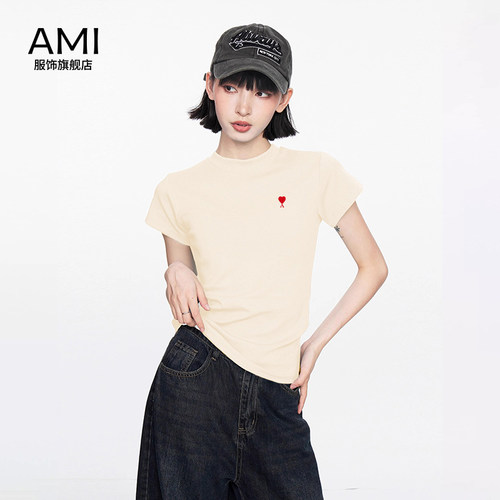 AMI黄色圆领正肩短袖t恤女夏季短款修身棉防晒打底纯色半袖上衣