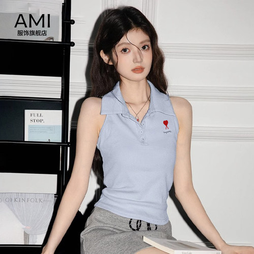 AMI官方 2026美式复古翻领吊带背心女春季新款正品蓝色修身无袖上