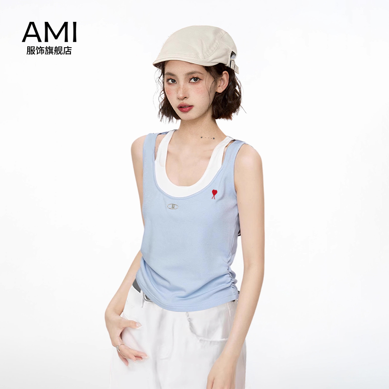 AMI 2025美式蓝色假两件无袖吊带背心女夏季外穿正品露肩上衣潮